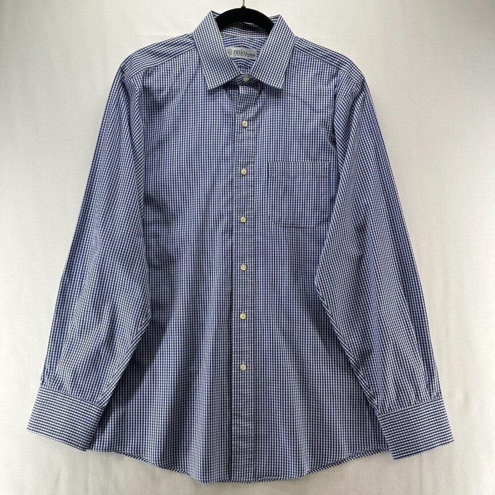 Ratio Clothing Button Up Shirt Men L Blue White Gingham 100% Cotton Sam Schmitt